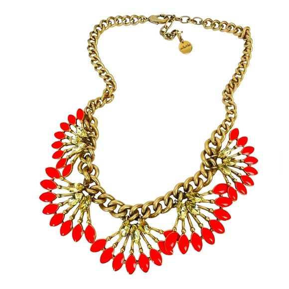 Stella & Dot Coral Cay Enamel Yellow Rhinestone Fan Statement Gold Tone Necklace - Picture 1 of 6
